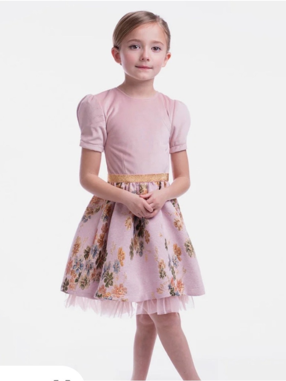 Imoga Norma Dress - Pink Floral Tulle Hem Party Dress with Gold Waistband